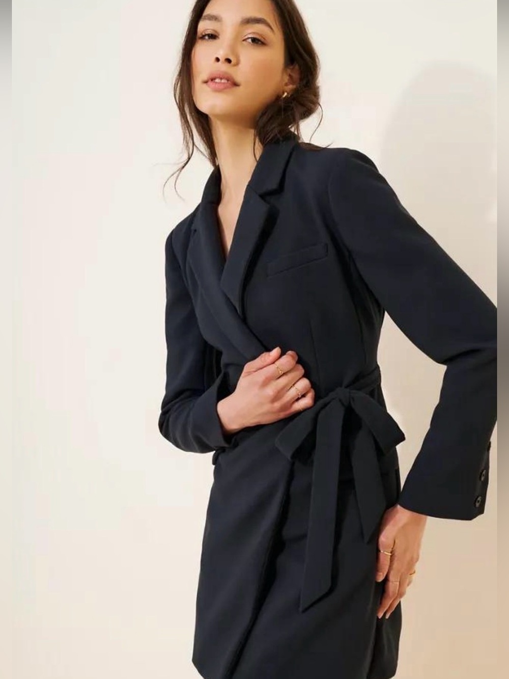 Anthropologie Navy Grayish True Wrap Blazer Dress with Tie Waist & Faux Pockets